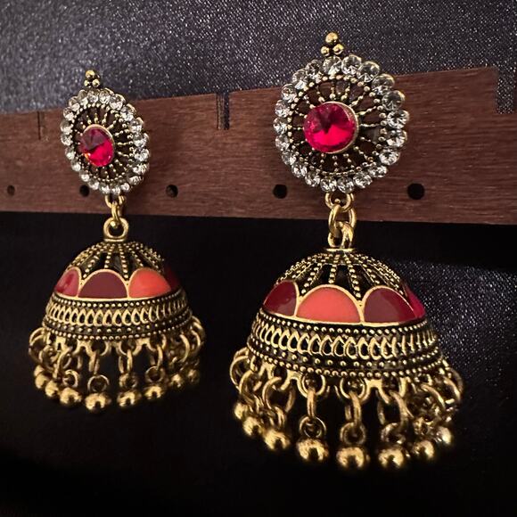 Bollywood Desi Boho Jhumka Antique Gold Tone w/Red Accent Earrings - Picture 2 of 5